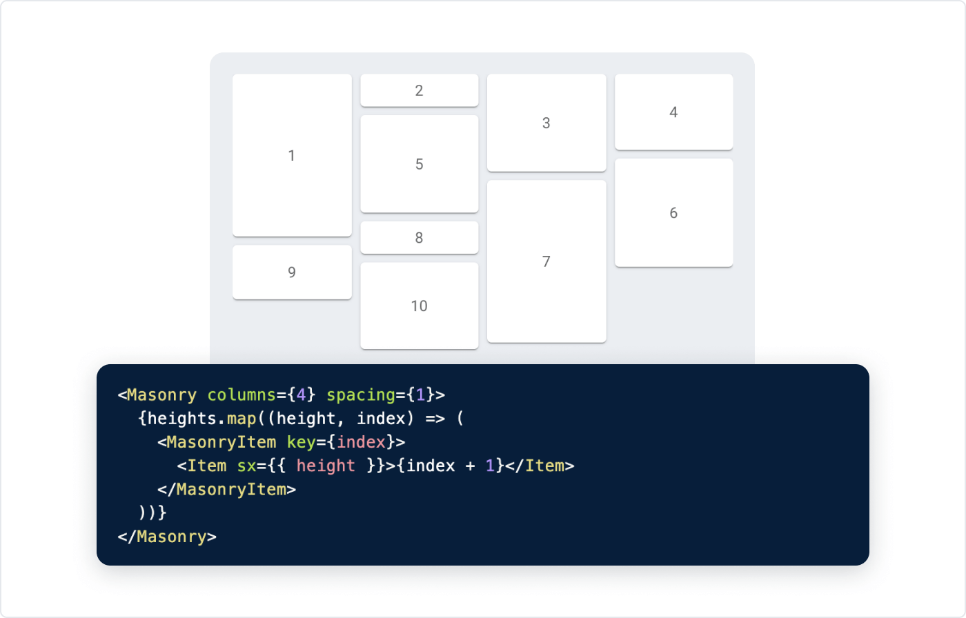 Screenshot of the Masonry component and its code preview